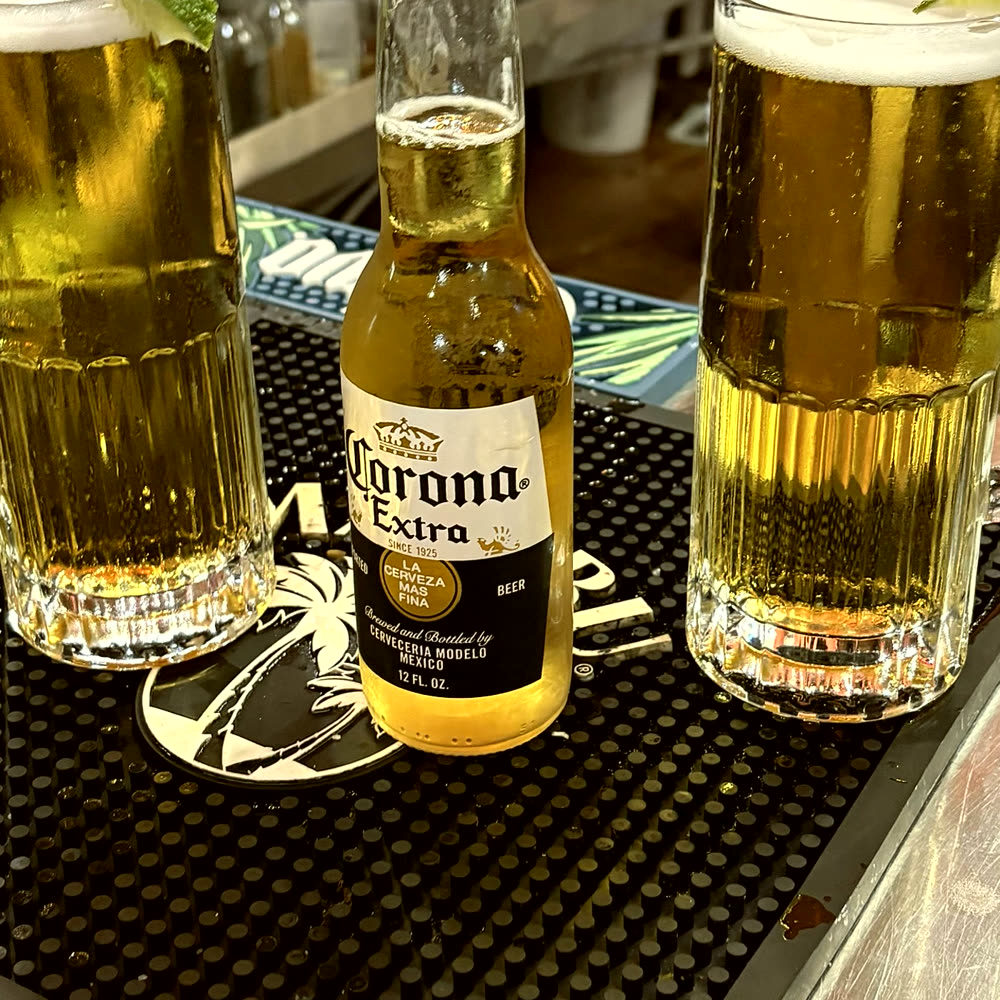 A bottle of Corona Extra between two mugs of draft beer with lime, on the bar.